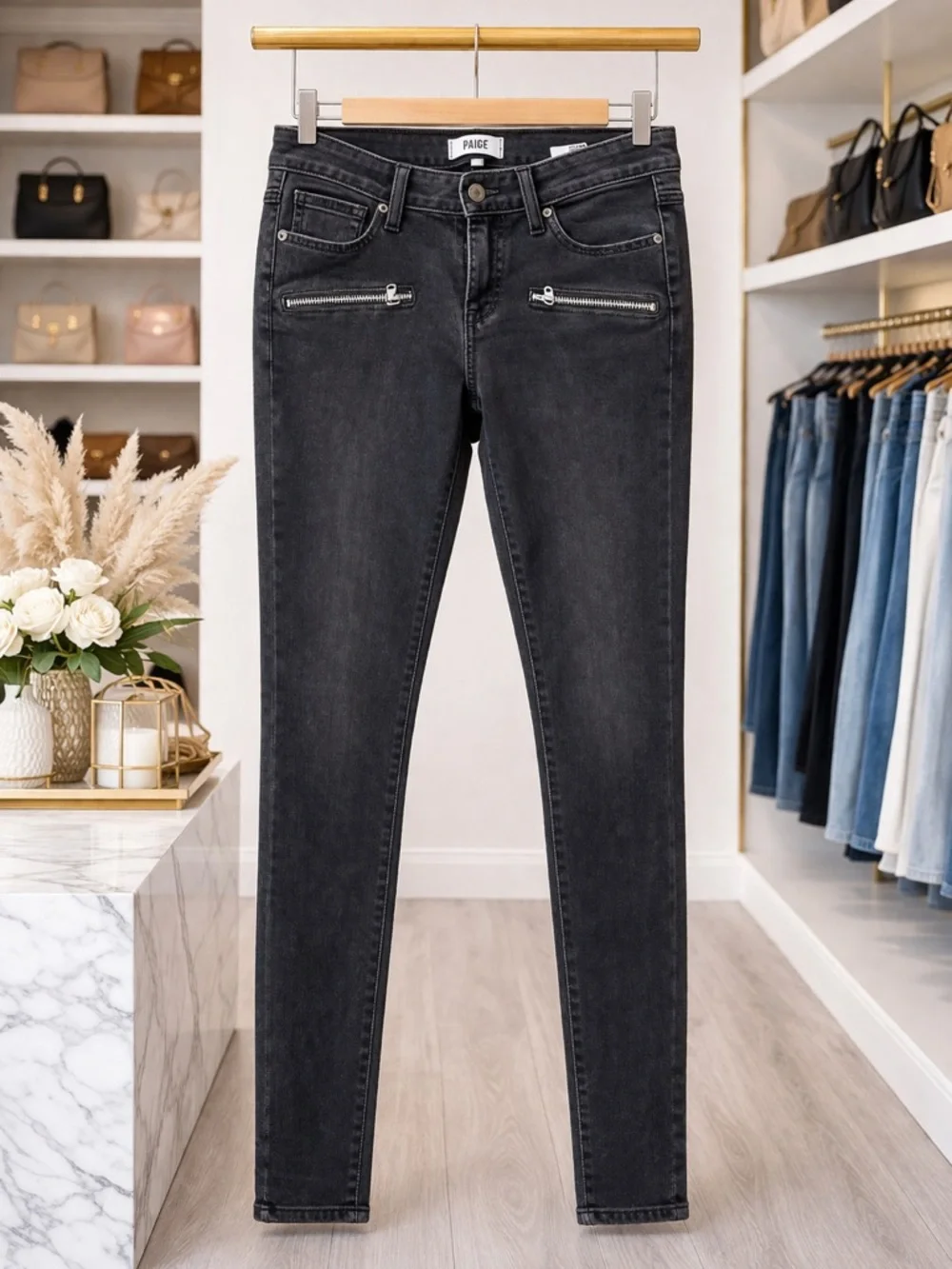 💥3/$50 PAIGE Black Skinny Jeans with Stretch Fit and Moto Zipper Pockets | Sz 28